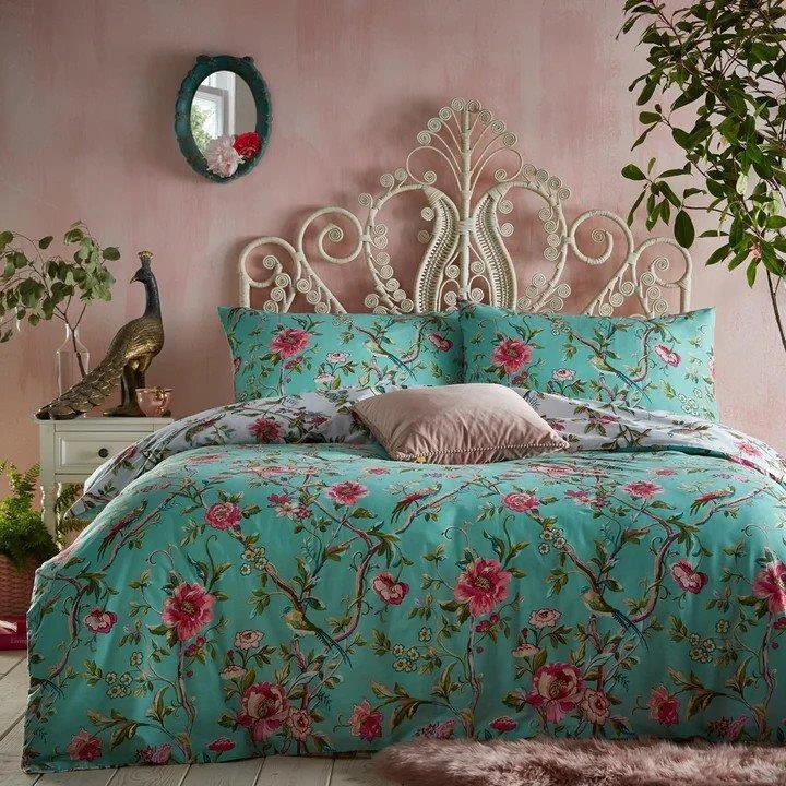 Furn Vintage Chinoiserie Floral Exotic Duvet Cover Set Jade 2 Furn Vintage Chinoiserie Floral Exotic Duvet Cover Set Jade - Image 2