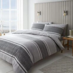 Catherine Lansfield Textured Banded Stripe Charcoal Duvet Set