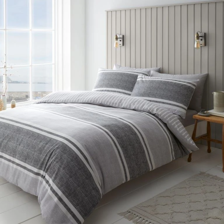 Catherine Lansfield Textured Banded Stripe Charcoal Duvet Set 1 Catherine Lansfield Textured Banded Stripe Charcoal Duvet Set